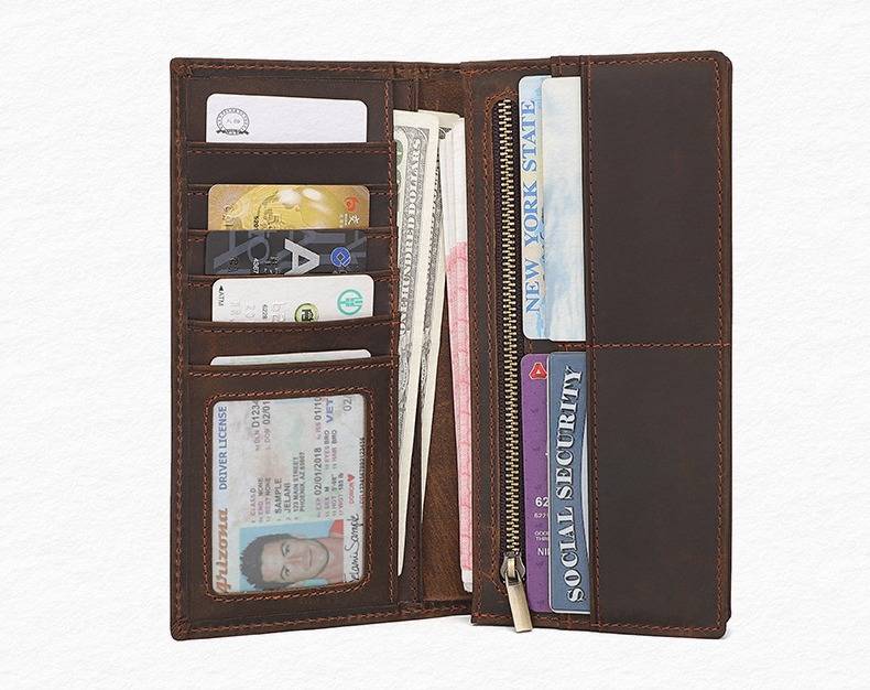 Handmade Leather Mens Long Bifold Wallet With Zip Pocket