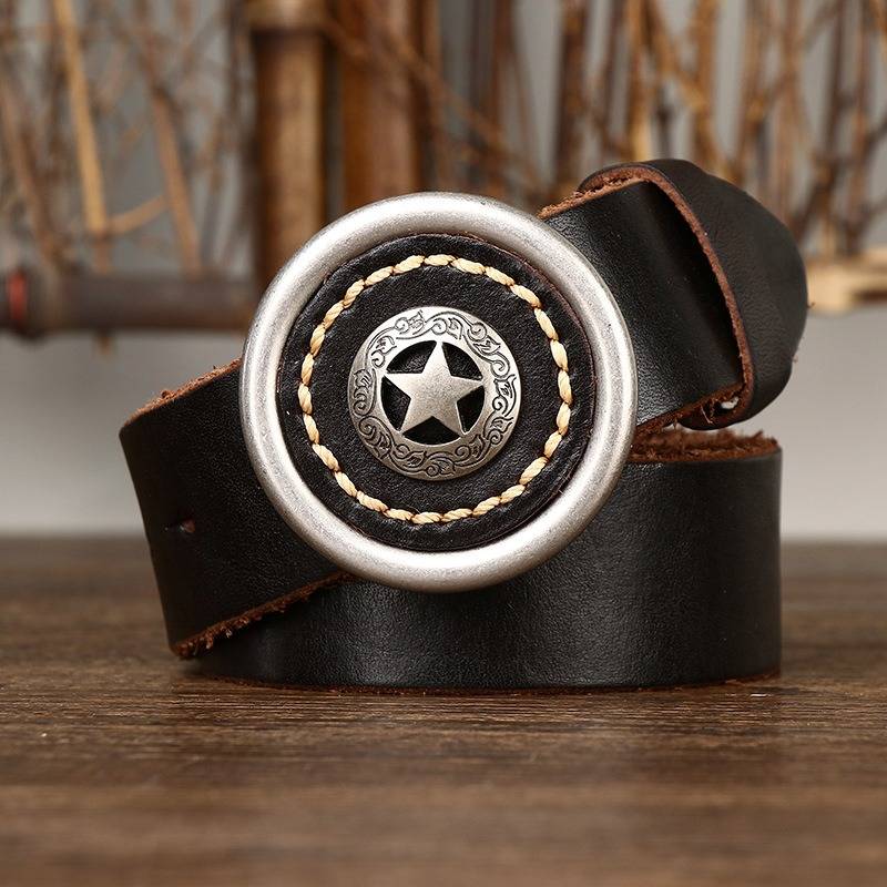 Alloy Round Buckle Extra Thick Leather Mens Belt