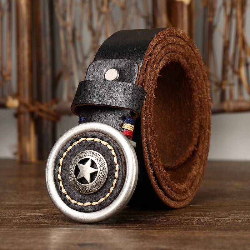 Alloy Round Buckle Extra Thick Leather Mens Belt