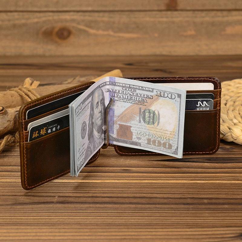 Leather Slim Money Clip Bifold Wallet Card Holder