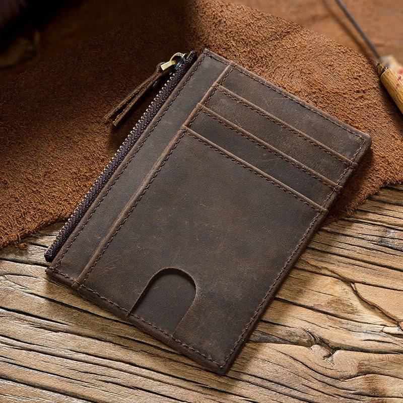 Leather Slim Wallet Zipper Coin Pocket