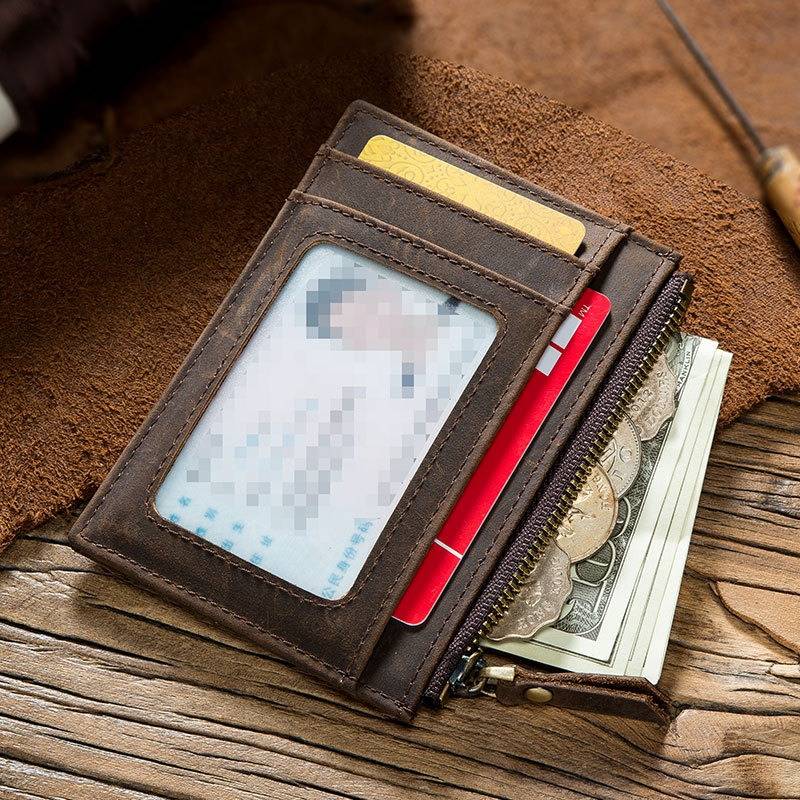 Leather Slim Wallet Zipper Coin Pocket